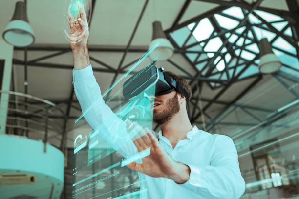 Virtual reality in a workspace Virtual reality in a workspace with virtual panels gaming industry stock pictures, royalty-free photos & images