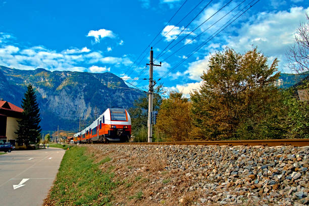 Disentis, Switzerland - July 30, 2016: Rhaetian Railway in the Anterior Rhine Valley near Disentis/Mustér (Graubunden Canton, Switzerland).