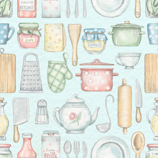 다양 한 주방 용품, 식료품 제품 및 식기 원활한 패턴 - black tea dishware plate cup stock illustrations