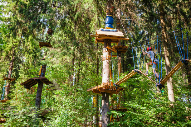 ragazzo adolescente su un corso di corde in un parco avventura sugli alberi passando un ostacolo di corda appesa - high up obstacle course ropes course teenage boys foto e immagini stock