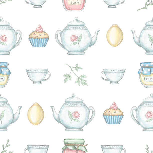 бесшовный узор с чайными аксессуарами - cupcake set food and drink metal stock illustrations