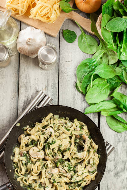 istock Tagliatelle pasta with spinach and mushrooms on a pan. 1093969422