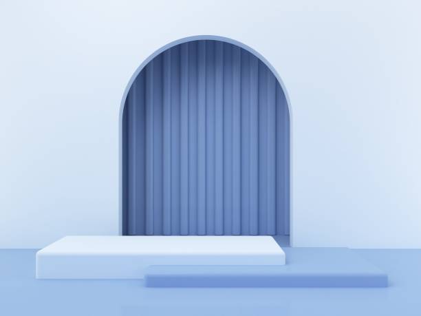 3d minimal scene with geometrical forms. Trendy platform. Arch with a podium in pastel blue colors. 3d render.