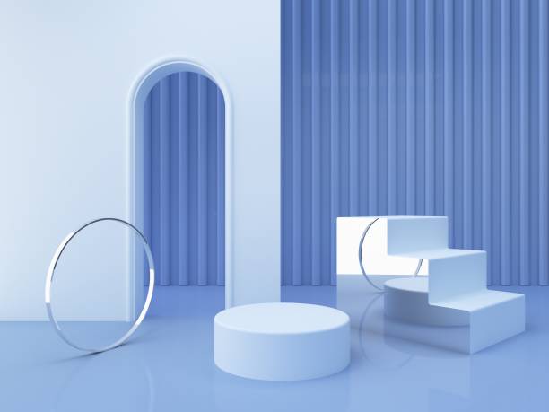3d scene with geometrical forms.  Minimal abstract background. Geometric shape group set. Scene with silver stairs with an arch and podium.
