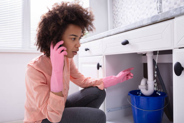 istock Woman Calling Plumber In Front Of Leaking From Sink Pipe 1093971954