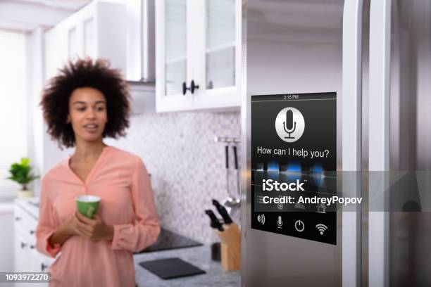 Woman Standing Near The Refrigerator With Voice Recognition Stock Photo - Download Image Now