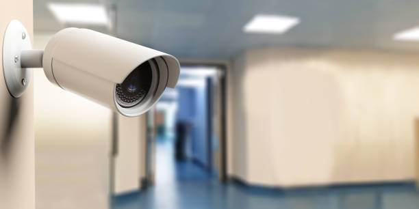 istock Security Camera CCTV on blur hospital background. 3d illustration 1093972284