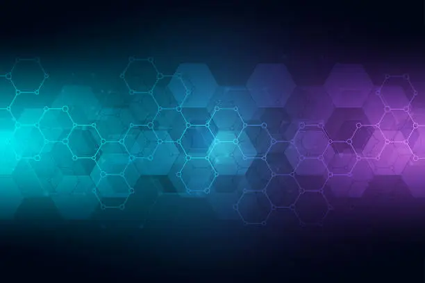 Vector illustration of Technology abstract background. Geometric texture with molecular structures and chemical engineering. Abstract background of hexagons pattern.