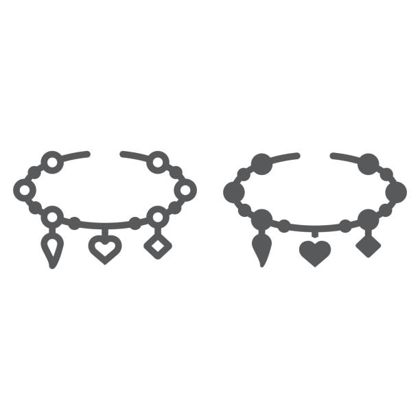 ilustraciones, imágenes clip art, dibujos animados e iconos de stock de pulsera con icono de línea y glifo de corazón, joyas y accesorio, pulsera con colgantes de firmar, gráficos vectoriales, un patrón linear sobre un fondo blanco. - black and white heart shape metallic red