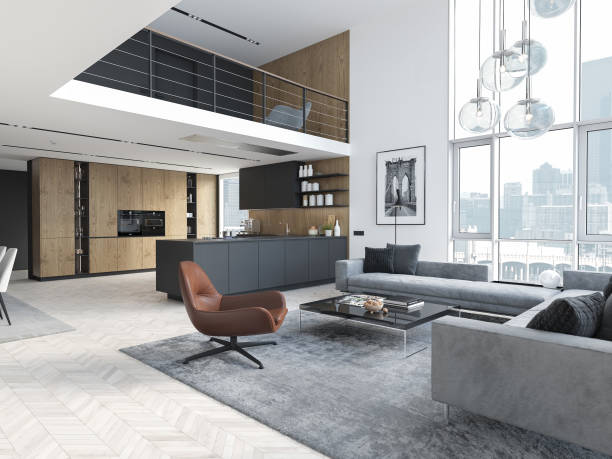 novo apartamento loft escandinavo moderno. renderização 3d - loft apartment living room contemporary house - fotografias e filmes do acervo