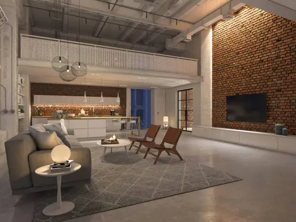 Photo of new modern city loft apartment by night. 3d rendering