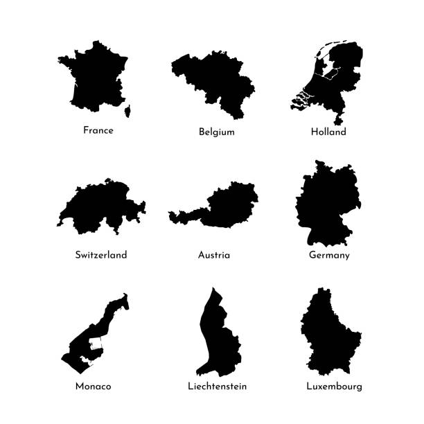 illustrazioni stock, clip art, cartoni animati e icone di tendenza di l'europa occidentale afferma mappe, contorni semplificati. francia, belgio, paesi bassi, svizzera, austria, germania, monaco, liechtenstein, lussemburgo - belgio