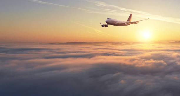 istock Huge two-storey passengers airplane above clouds 1093996988