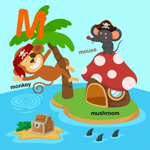 Vector illustration of Illustration Isolated Alphabet Letter M-monkey,mushroom,mouse