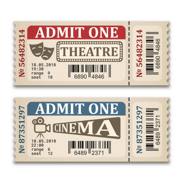 Cinema and theater tickets in retro style. Two admission tickets isolated on white background. Vector illustration Cinema and theater tickets in retro style. Two admission tickets isolated on white background. Vector illustration movie ticket illustrations stock illustrations