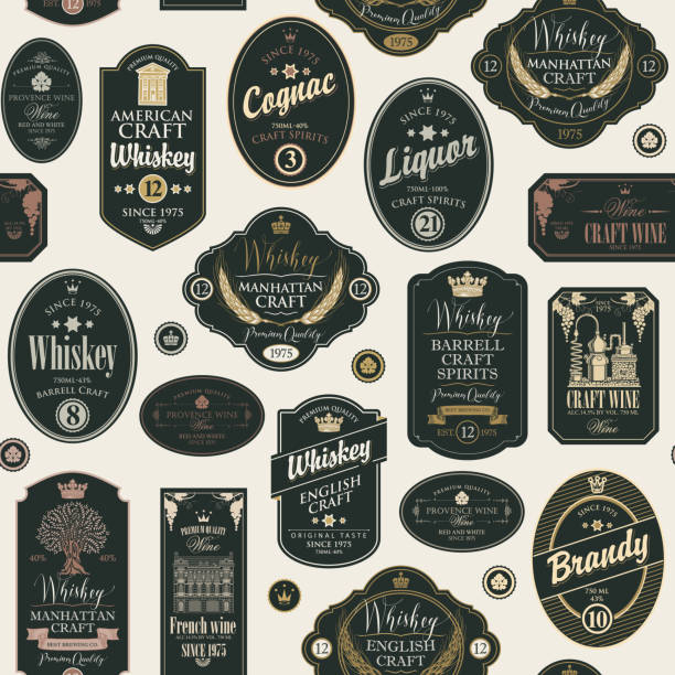 Vector seamless pattern with collage of labels for various alcoholic beverages in retro style with inscriptions of whiskey, liquor, cognac, wine, brandy.
