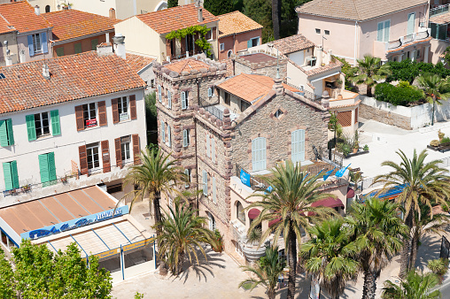 Cityscape with the building of tourist office in Le Lavandou in the Department Var of the province Provence-Alpes-Cote d´Azur