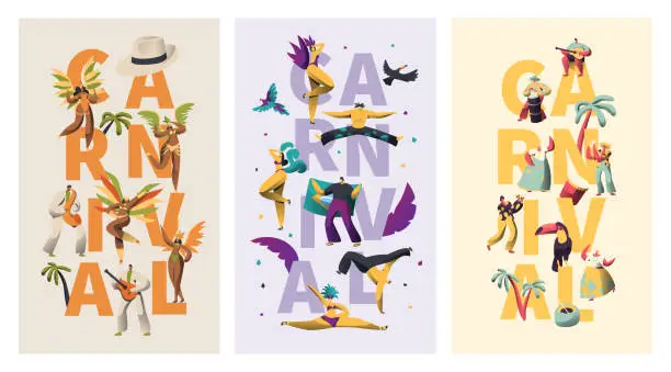 Vector illustration of Brazil Carnival Exotic Character Typography Banner Set. Feather Bikini Latino Woman Dance Colorful Parade. Man Play Latin Music for Rio Vivid Festival Vertical Poster Design Flat Vector Illustration