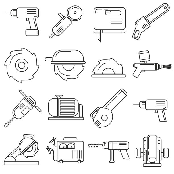 иконы на тему строительных материалов, на белом фоне - white background isolated on white industrial equipment hand tool stock illustrations