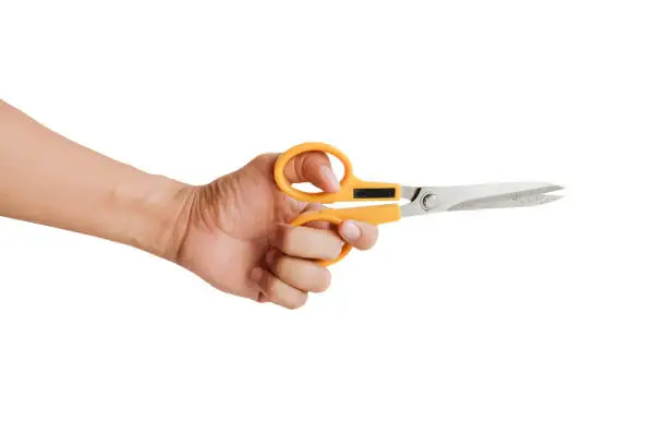 man hand holding scissors on white background