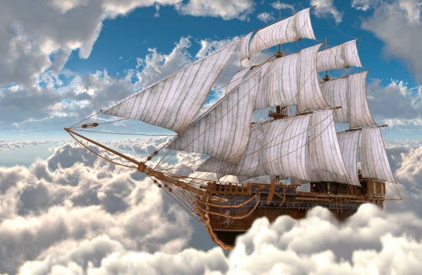 istock Sailboat flying above the clouds 3d illustration 1094031782