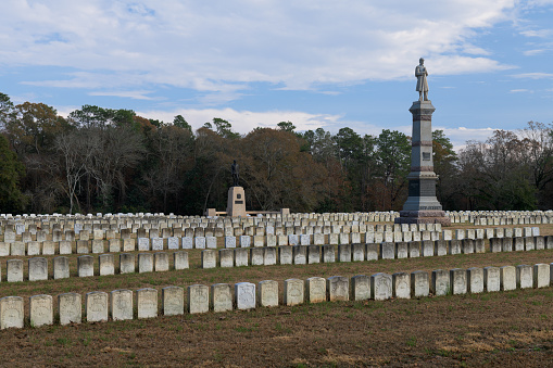 Andersonville, Georgia, USA - December 2, 2018: New Jersey monument among grave markers at the Andersonville National Cemetery at the Andersonville National Historic Site