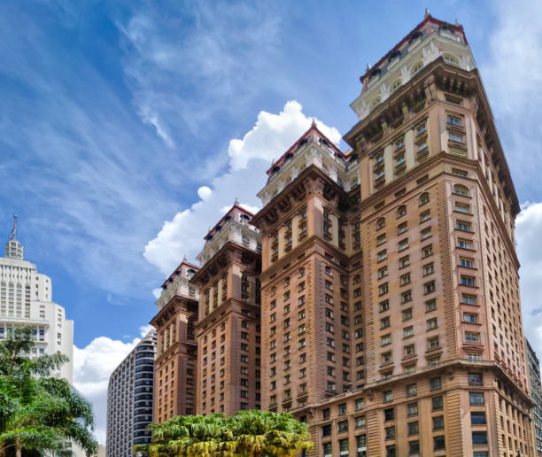 Photo taken with fisheye lens of old downtown of Sao Paulo City. The famous Banespa Building is on background.