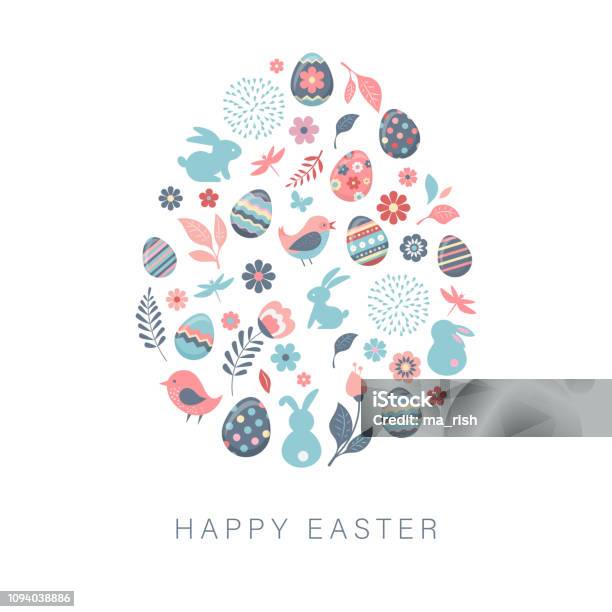 Happy Easter Vector Banner With Flowers Eggs And Bunnies Stock Illustration - Download Image Now