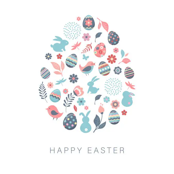 Vector illustration of Happy Easter, vector banner with flowers, eggs and bunnies