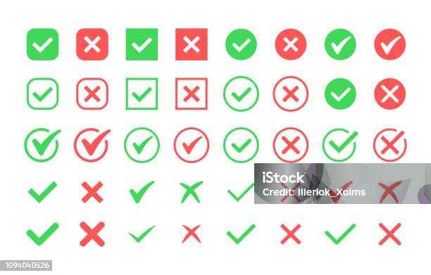 Ilustración de Marca De Verificación Verde Y Conjunto De Iconos De La Cruz Roja Círculo Y Cuadrado Símbolo De Marca En Color Verde Ilustración Del Vector y más Vectores Libres de Derechos de Examinar