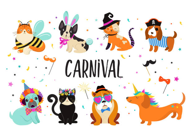 Funny animals, pets. Cute dogs and cats with a colorful carnival costumes, vector illustration Funny animals, pets. Cute dogs and cats with a colorful carnival costumes, vector illustration template dog in halloween hat of witch stock illustrations