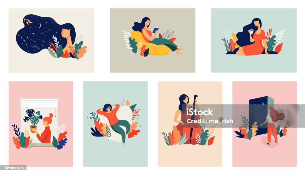 Feminine concept illustration, beautiful women in different situations. international women's day. Flat style vector design set stock vectors Women stock vector