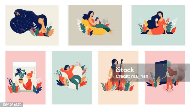 Feminine Concept Illustration Beautiful Women In Different Situations International Womens Day Flat Style Vector Design Set Stock Vectors Stock Illustration - Download Image Now