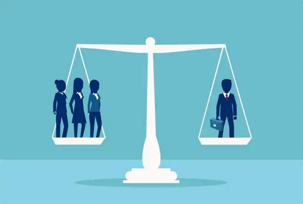 Vector illustration of Vector of one businessman balancing three businesswomen on a scale. Sex inequality symbol.