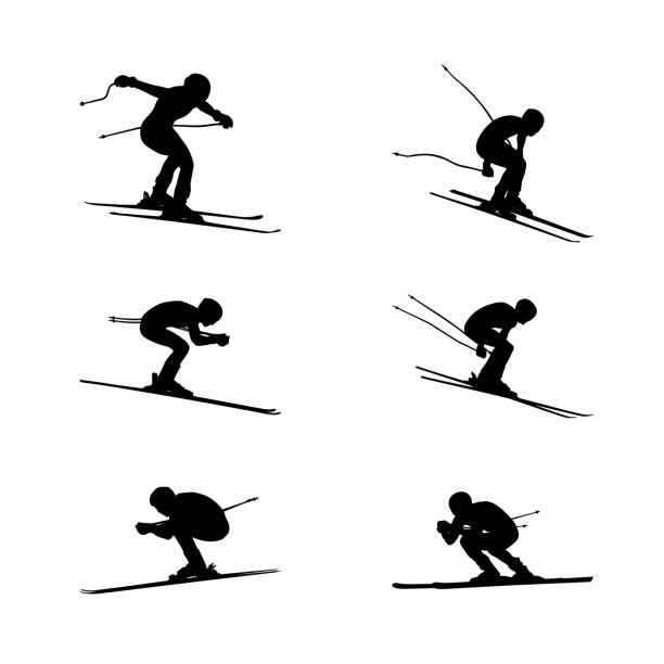 ilustrações de stock, clip art, desenhos animados e ícones de set group alpine skiing sport - skiing sports race ski mountain range