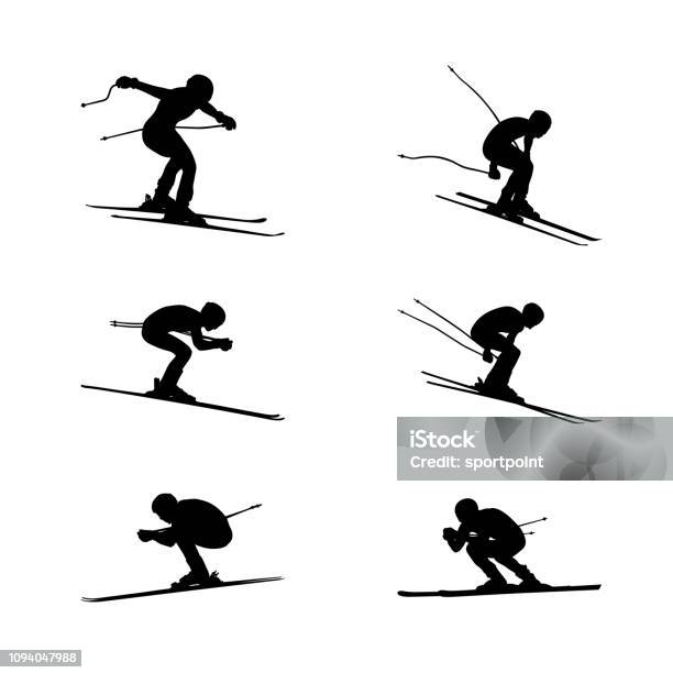 Set Group Alpine Skiing Sport Stock Illustration - Download Image Now - Skiing, Downhill Skiing, In Silhouette