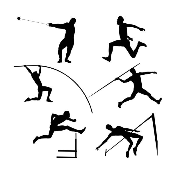 illustrazioni stock, clip art, cartoni animati e icone di tendenza di set atleti di gruppo uomini atletica - javelin