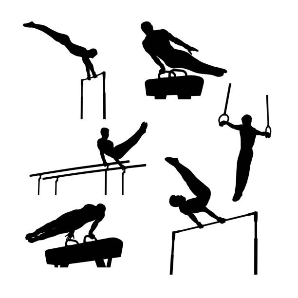 set group sports gymnastics set group sports gymnastics men athletes black silhouettes gymnastics stretches stock illustrations
