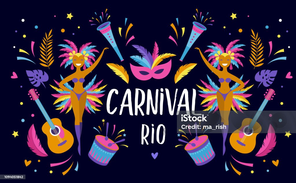 Brazilian Carnival, music festival, masquerade flyer template, vector design Brazilian Carnival, music festival, masquerade flyer template, colorful vector design Carnival - Celebration Event stock vector