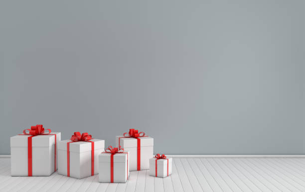 istock 3d rendering of realistic interior with white gift box with red ribbon bow. Empty space for party, promotion social media banners, posters. Set of present boxes 1094053938