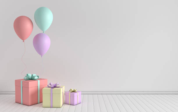 istock 3d render interior with realistic pastel colored balloons and gift box with bow in the room. Empty space for party, promotion social media banners, posters. 1094053954