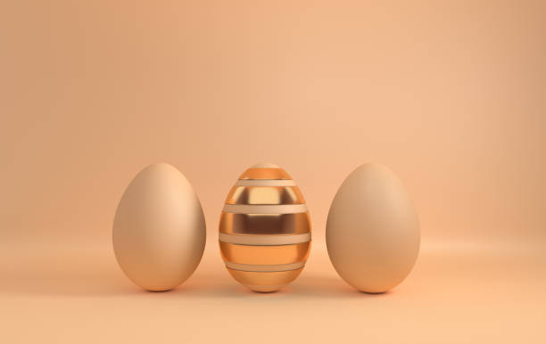 istock Pastel beige and glossy golden easter eggs on beige background. 3d render, digitally generated template. Happy Easter big hunt or sale banner 1094053984