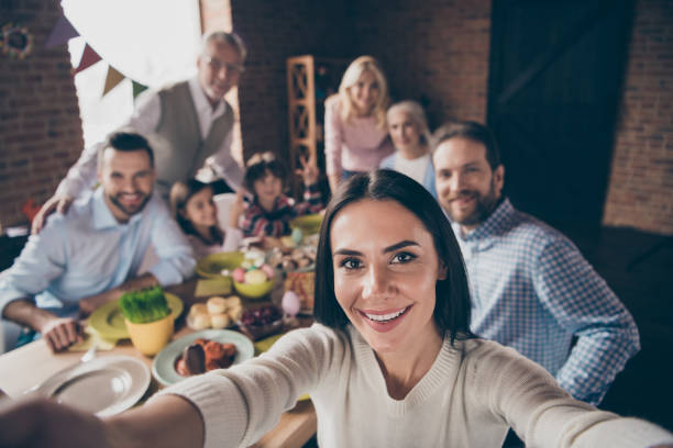 self-portrait of nice attractive adorable lovely cheerful positive family small little brother sister enjoying dream weekend vacation party morning day in loft industrial interior - child party group of people little girls imagens e fotografias de stock