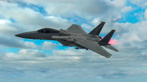 Military aircraft in flight equipped with missiles, combat set-up. F-15 eagle models. 3d rendering