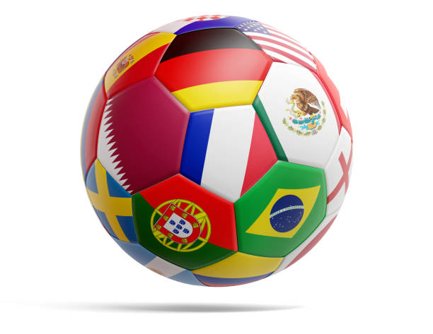 voetbal 3d-ontwerp met vlaggetjes van land - qatar football stockfoto's en -beelden