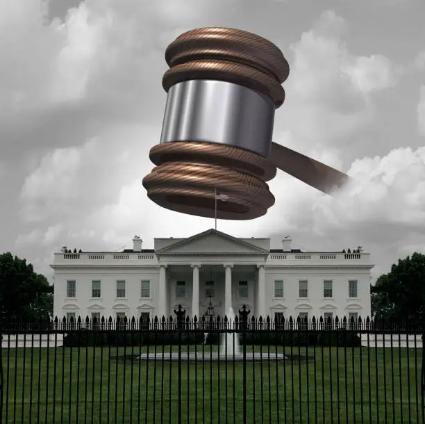 White house legal trouble and United States law crisis representing presidential administration court decision and government lawsuit or state of emergency with 3D illustration elements.