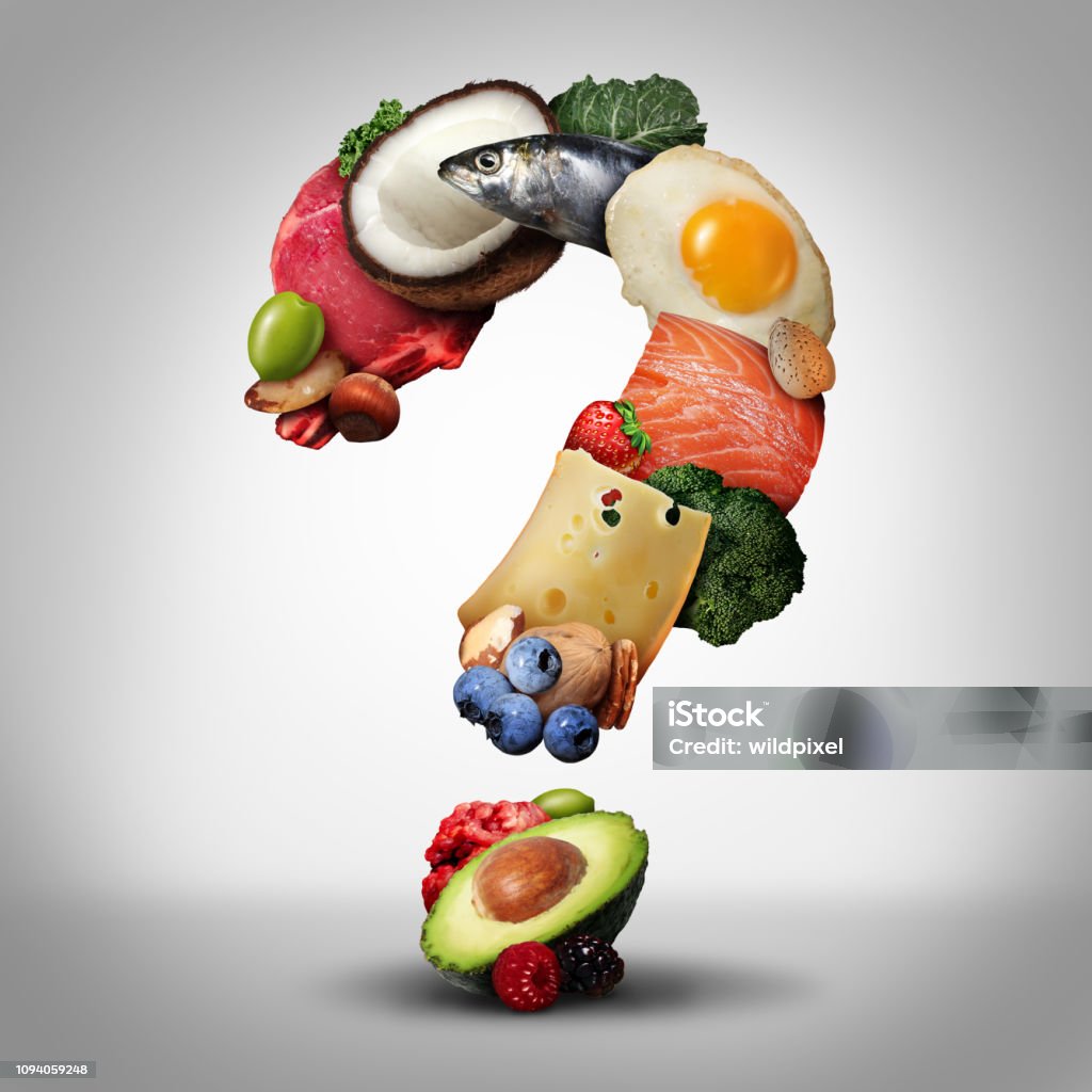 Keto Diet Questions Keto diet questions and ketogenic low carb and high fat food  eating lifestyle as fish nuts eggs meat avocado and other nutritious ingredients as a therapeutic meal shaped as a question mark as a 3D illustration elements. Question Mark Stock Photo