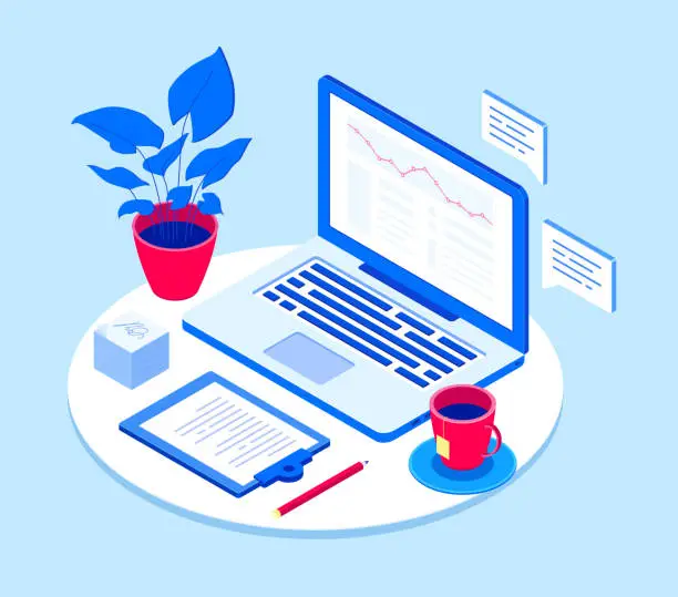Vector illustration of Workplace with laptop - modern vector isometric illustration