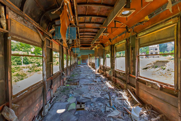 Chiatura, Georgia - June 9, 2017: Abandoned Soviet era train wagon, in Chiatura, Georgia.