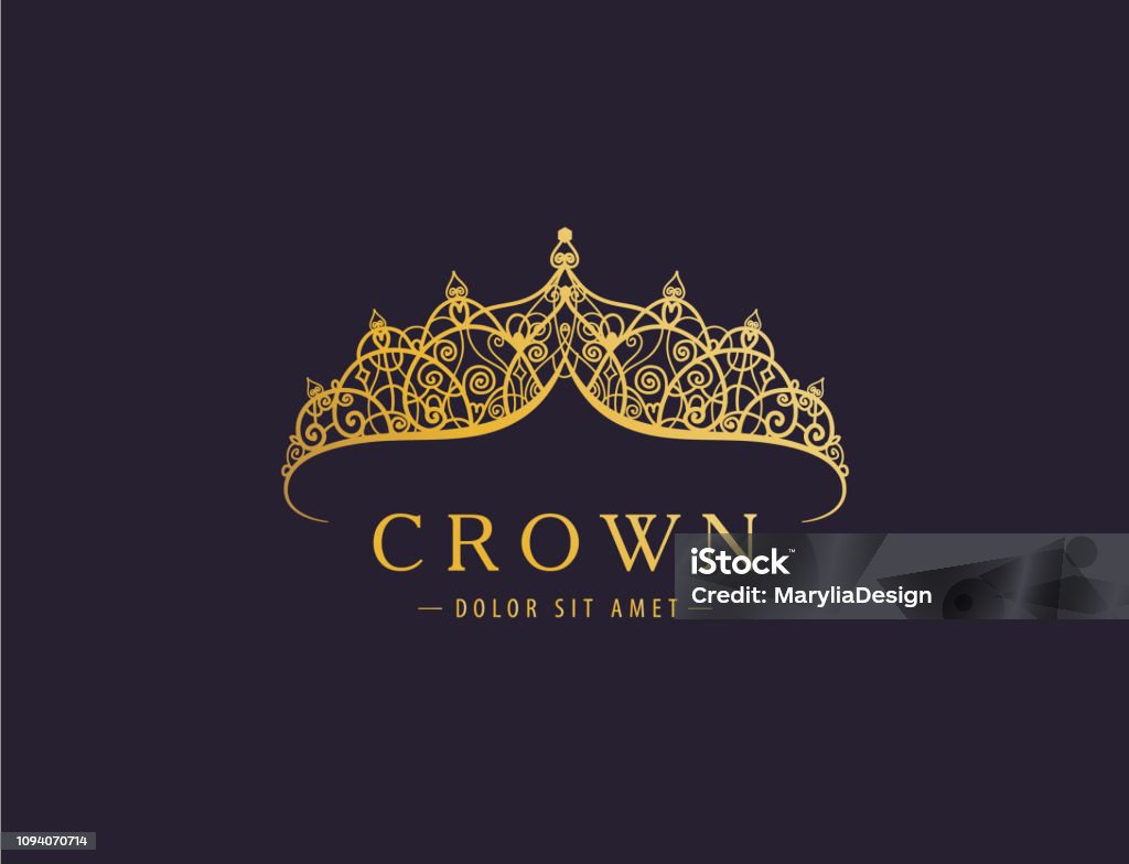 Abstract luxury, royal golden company icon vector design. Abstract luxury, royal golden company icon vector design. Elegant crown, tiara, diadem premium symbol. Hand drawn lace jewelry, arabic, restaurant, hotel icon Crown - Headwear stock vector